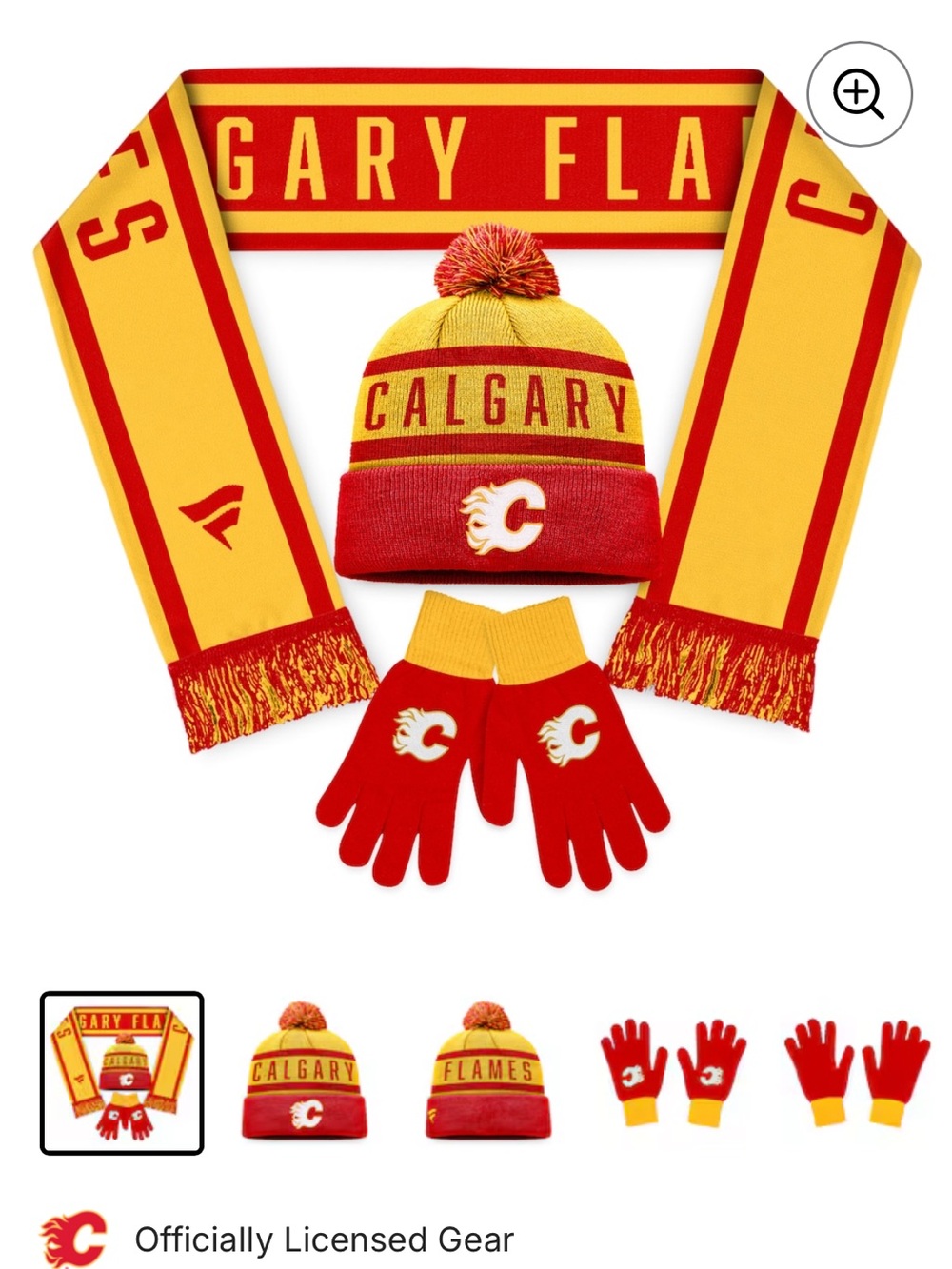 Calgary Flames Red & Gold Knit Hat, Scarf & Gloves Set - Officially Licensed